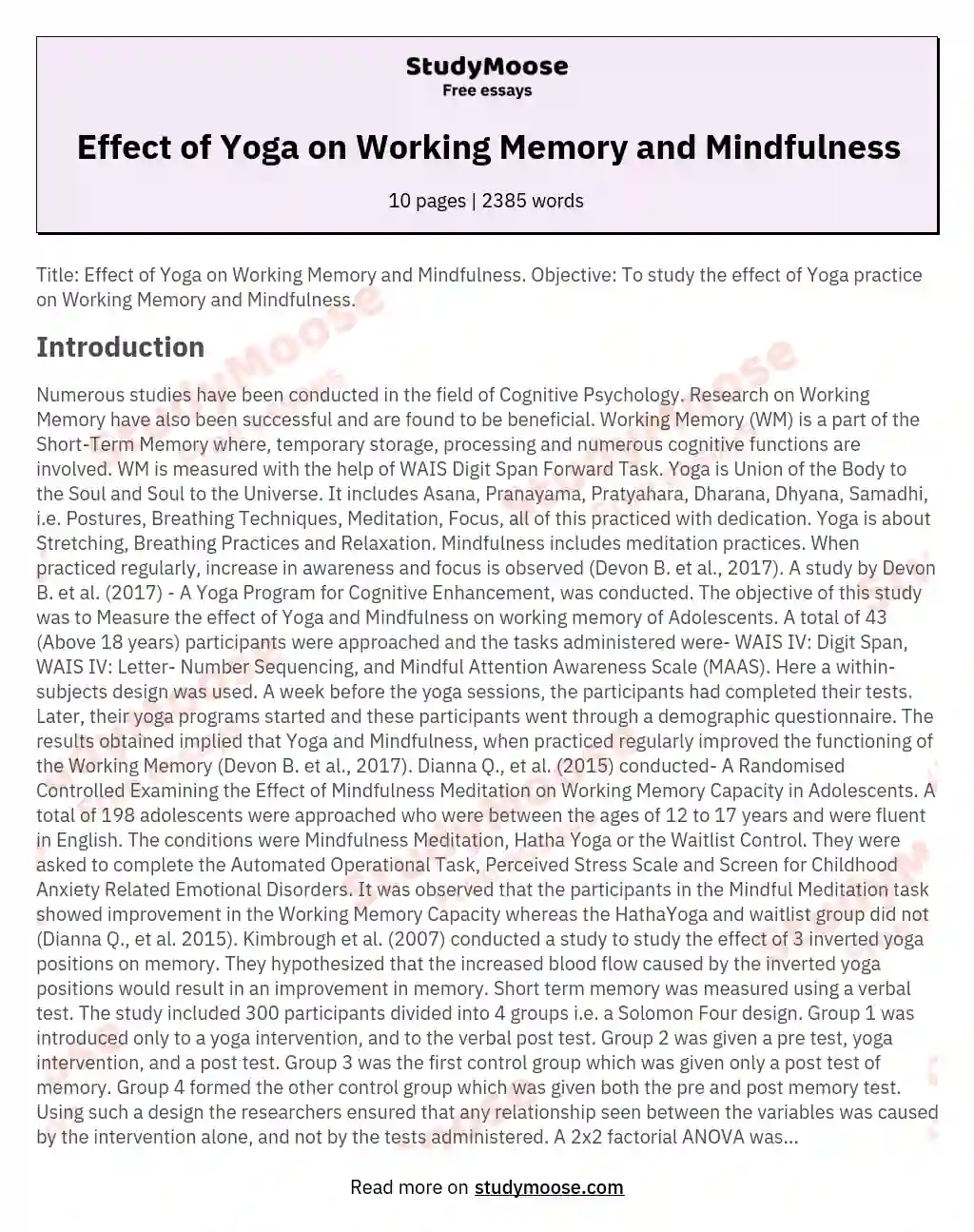 Effect of Yoga on Working Memory and Mindfulness essay