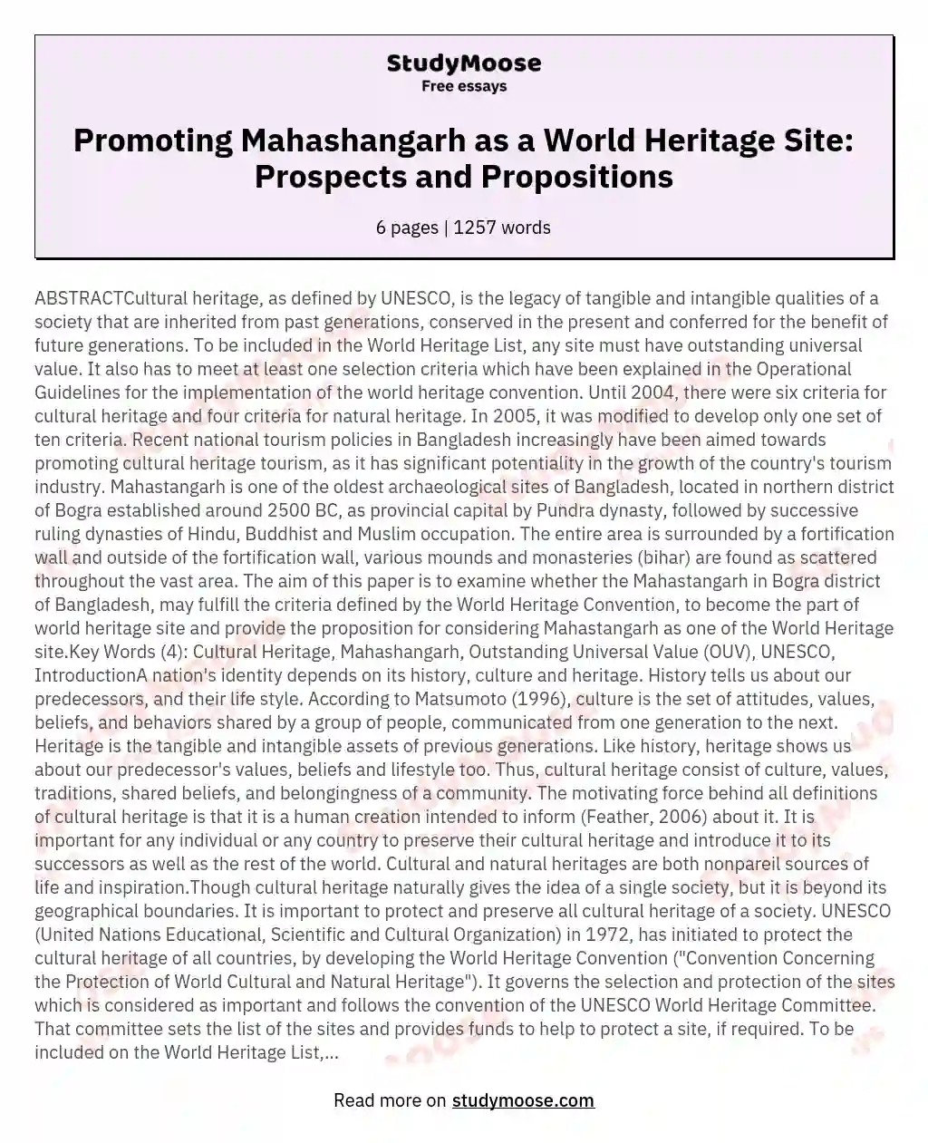 Promoting Mahashangarh as a World Heritage Site: Prospects and Propositions essay