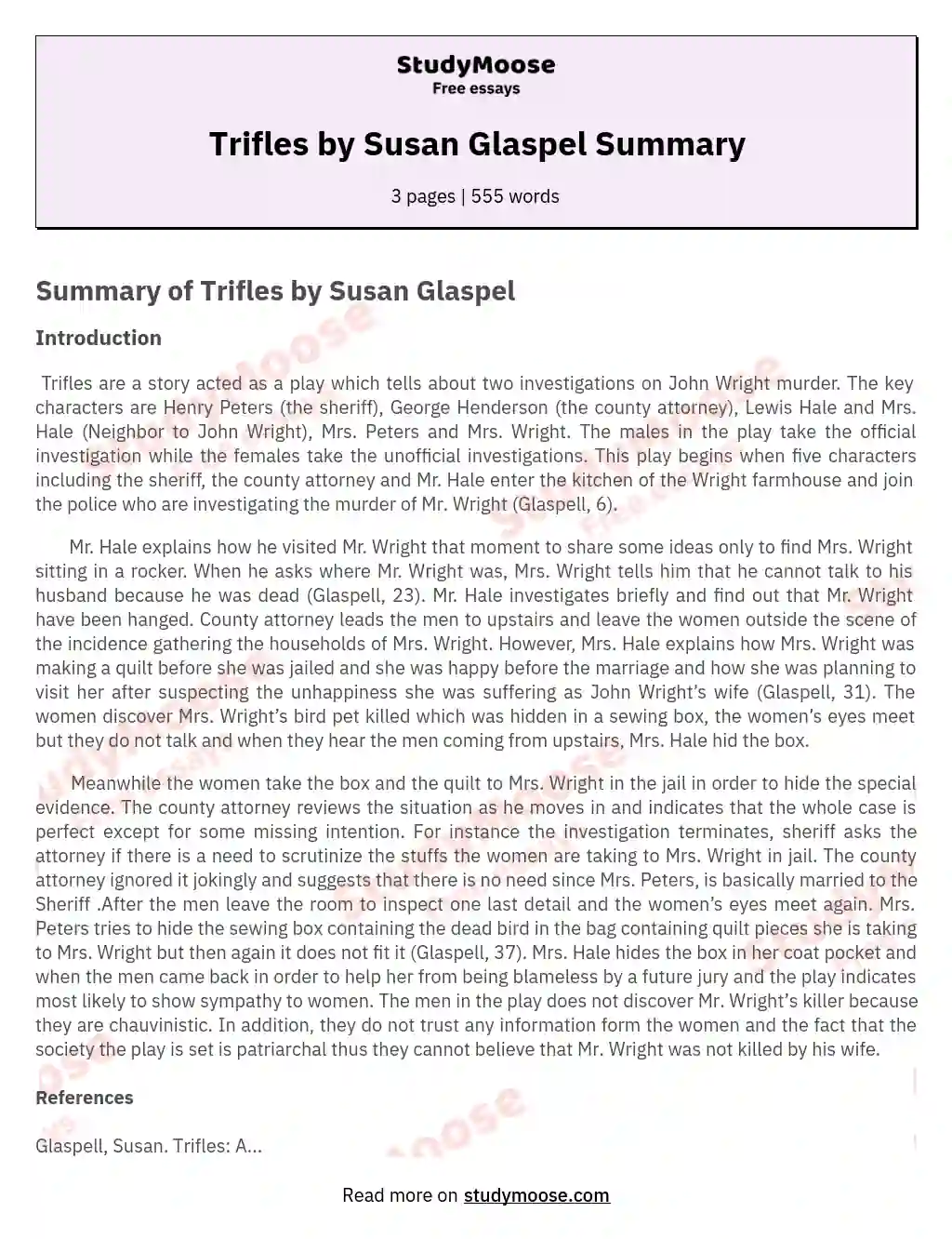 literary analysis of trifles by susan glaspell