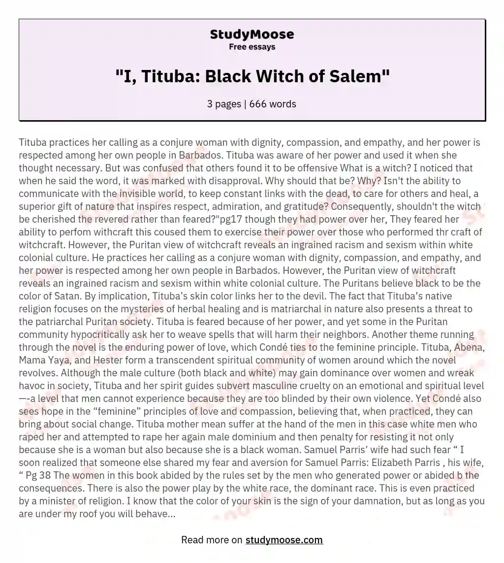 "I, Tituba: Black Witch of Salem" essay