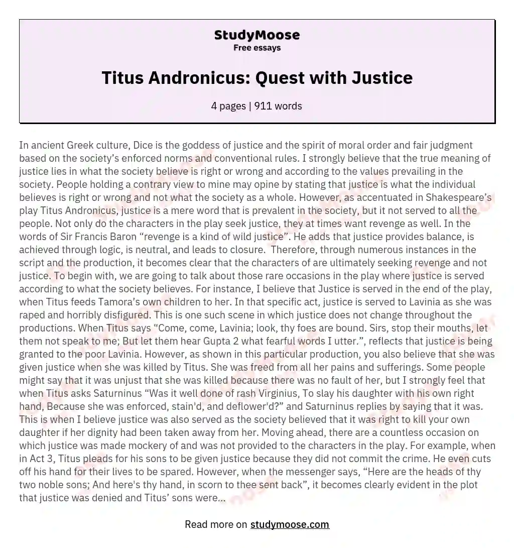 Titus Andronicus: Quest with Justice essay
