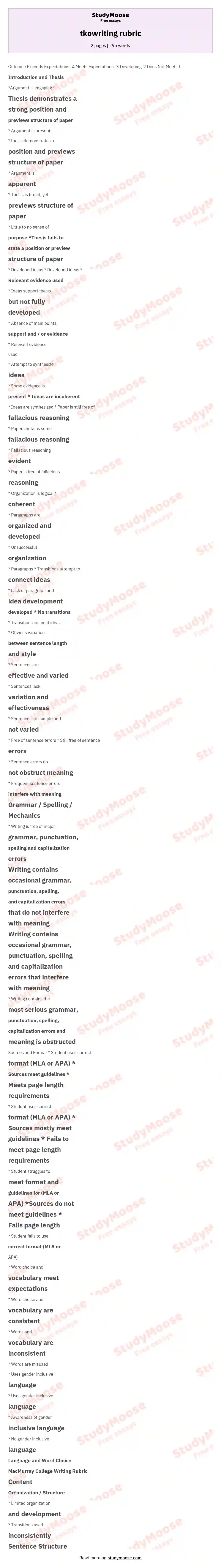 tkowriting rubric essay