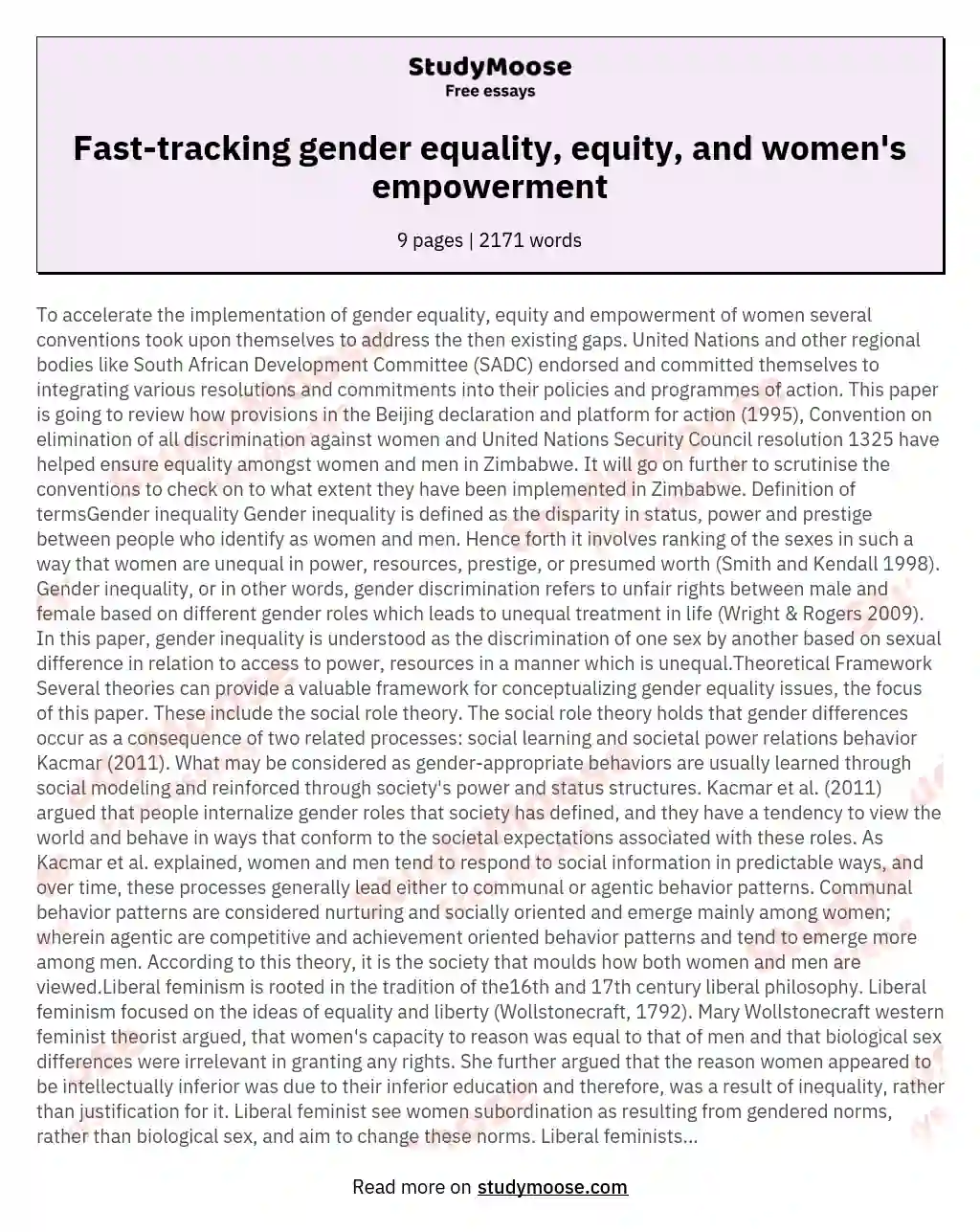 To accelerate the implementation of gender equality equity and empowerment of women