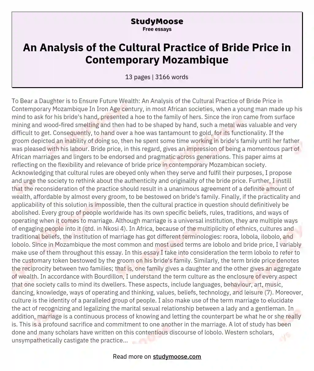 An Analysis of the Cultural Practice of Bride Price in Contemporary Mozambique essay