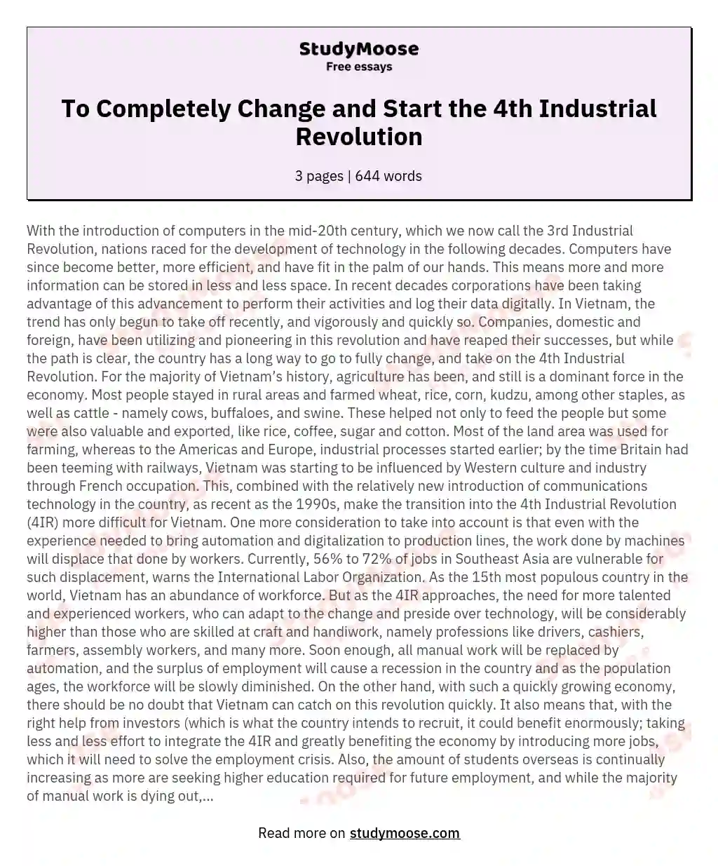 To Completely Change and Start the 4th Industrial Revolution essay
