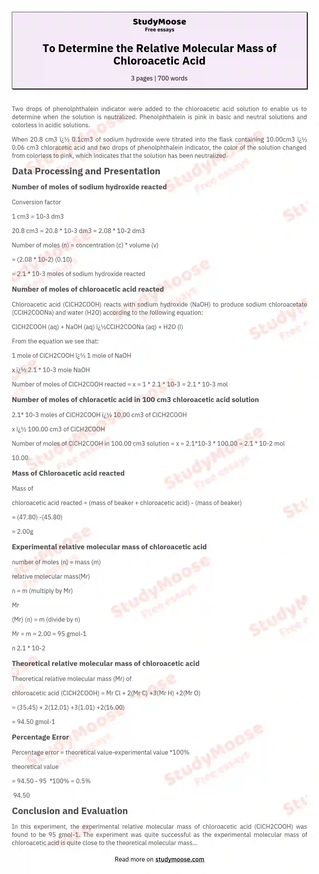 To Determine the Relative Molecular Mass of Chloroacetic Acid essay