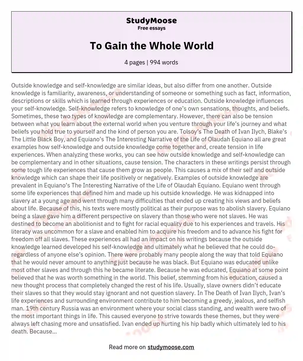 To Gain the Whole World essay