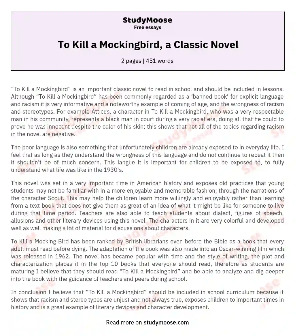 To Kill a Mockingbird, a Classic Novel