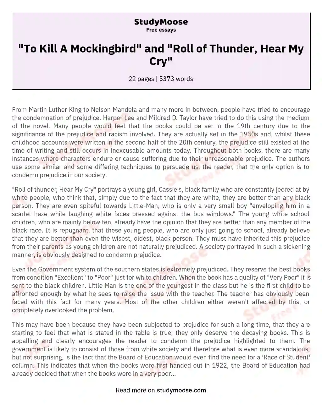 "To Kill A Mockingbird" and "Roll of Thunder, Hear My Cry"