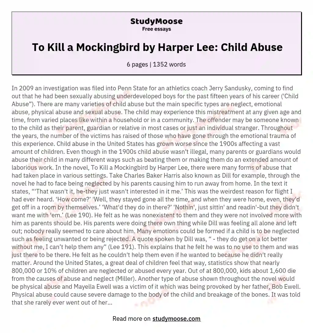 To Kill a Mockingbird by Harper Lee: Child Abuse essay