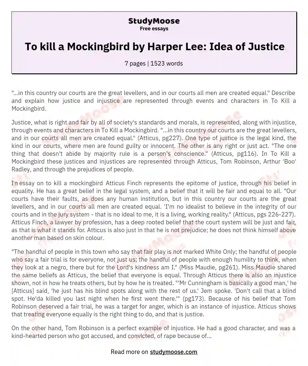 To kill a Mockingbird by Harper Lee: Idea of Justice