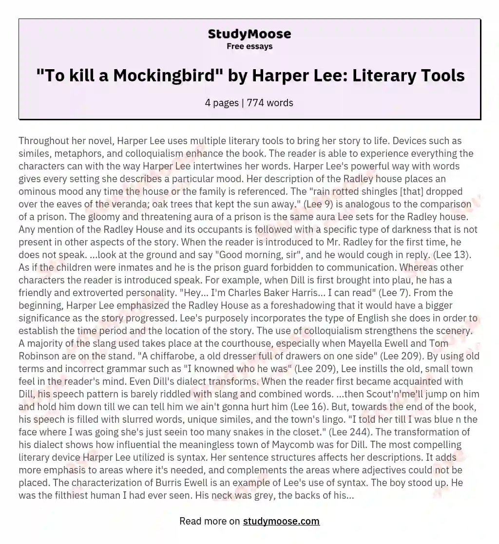 "To kill a Mockingbird" by Harper Lee: Literary Tools essay