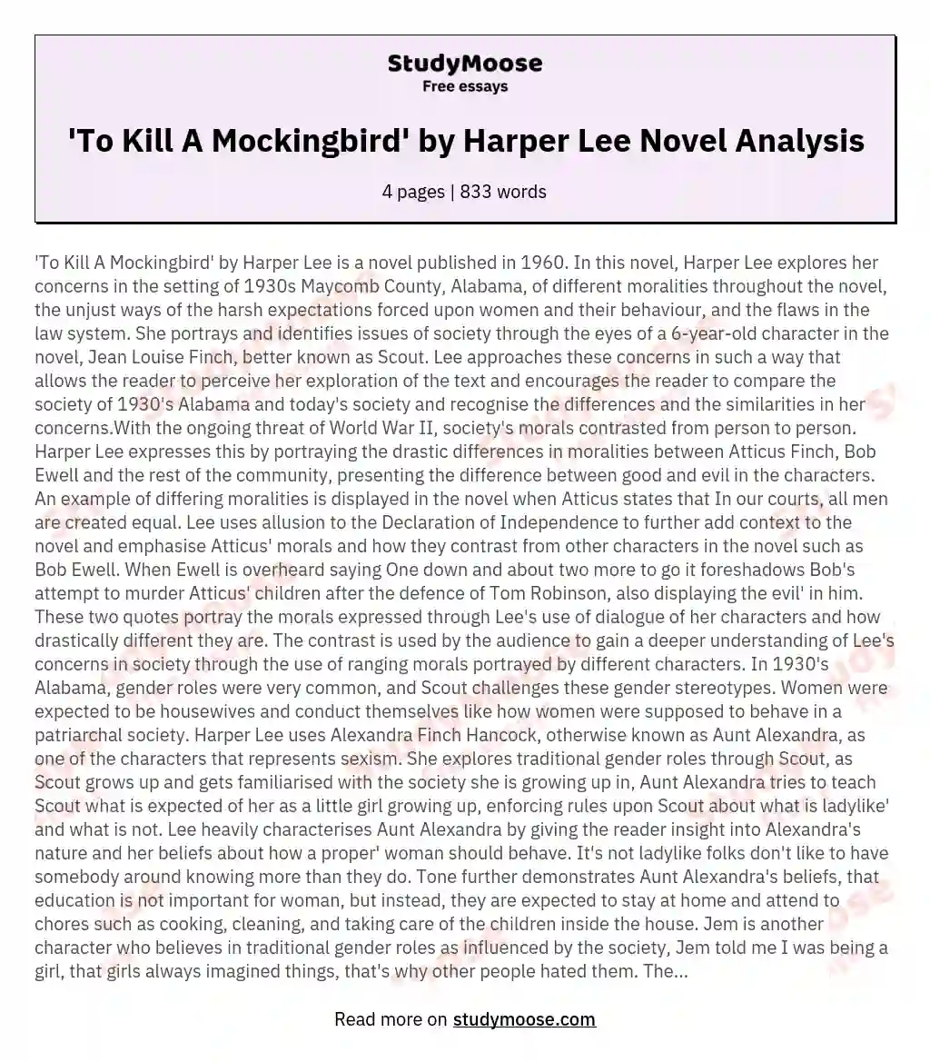 'To Kill A Mockingbird' by Harper Lee Novel Analysis