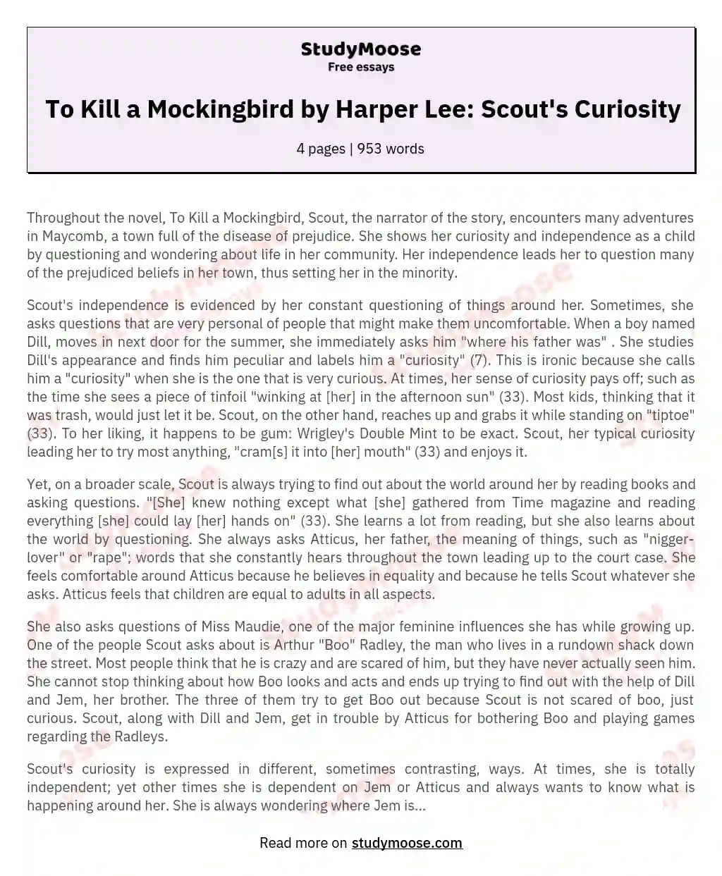 To Kill a Mockingbird by Harper Lee: Scout's Curiosity essay