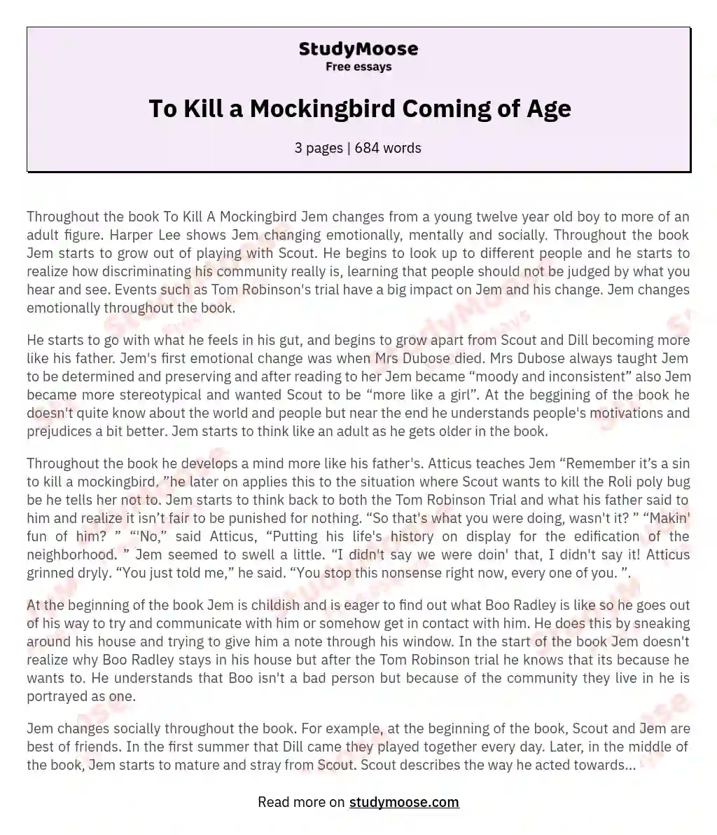 To Kill a Mockingbird Coming of Age essay