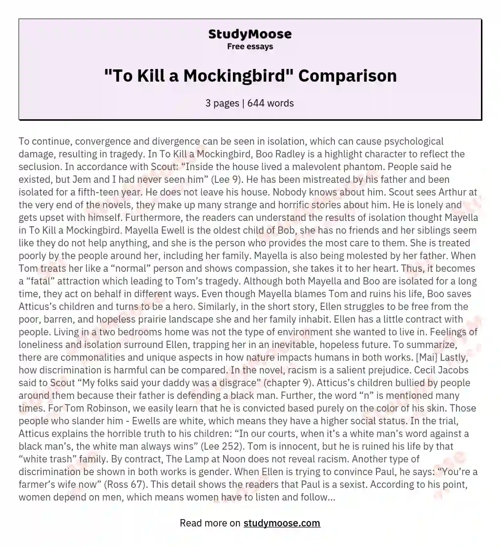 "To Kill a Mockingbird" Comparison essay