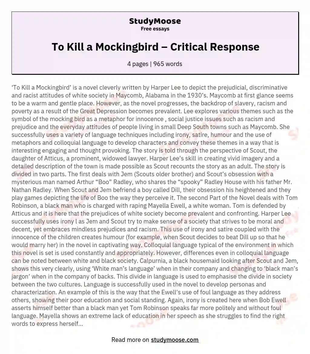 To Kill a Mockingbird – Critical Response essay