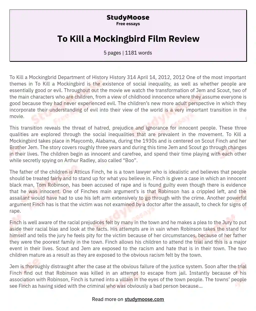 To Kill a Mockingbird Film Review essay