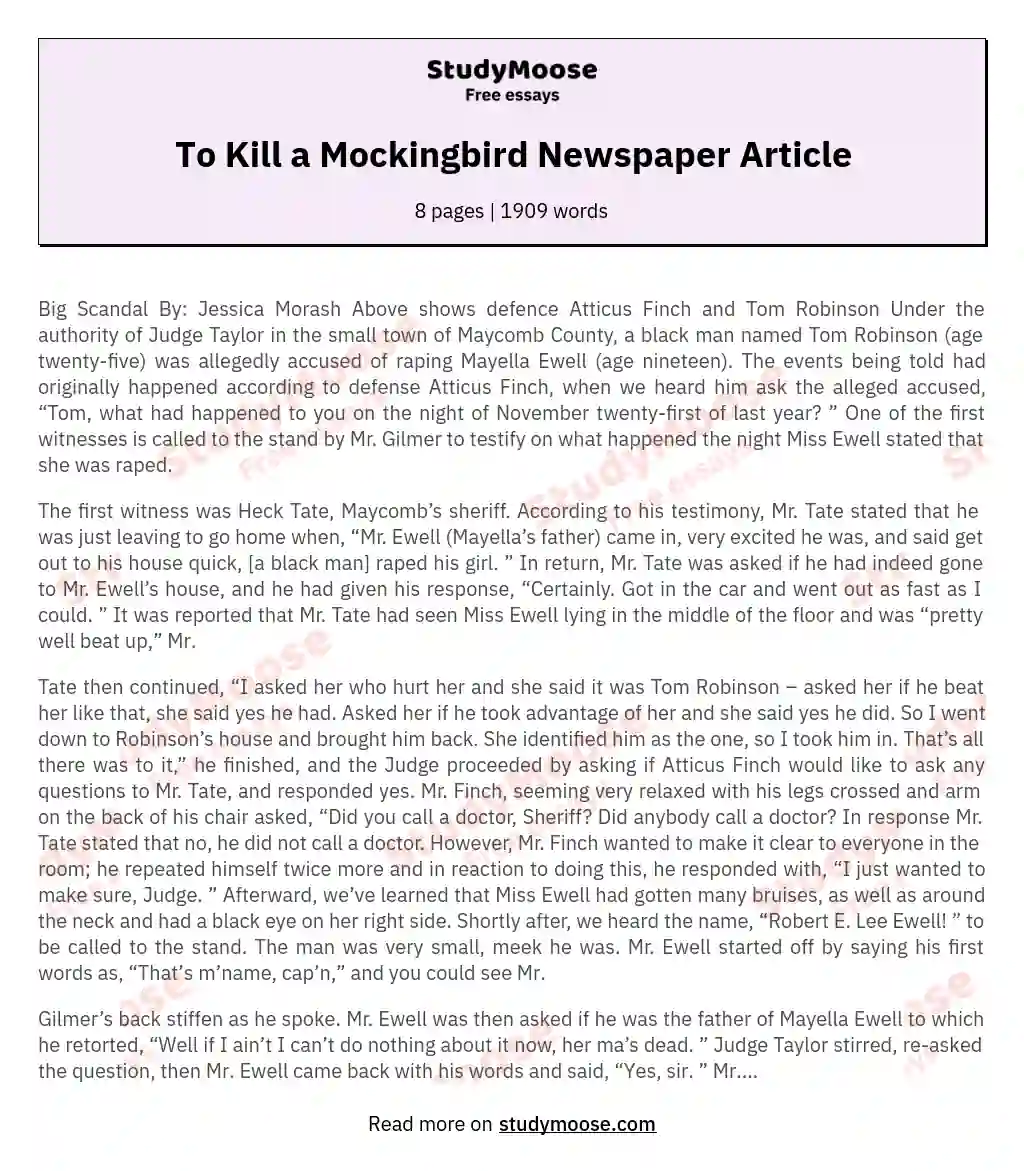 To Kill a Mockingbird Newspaper Article essay