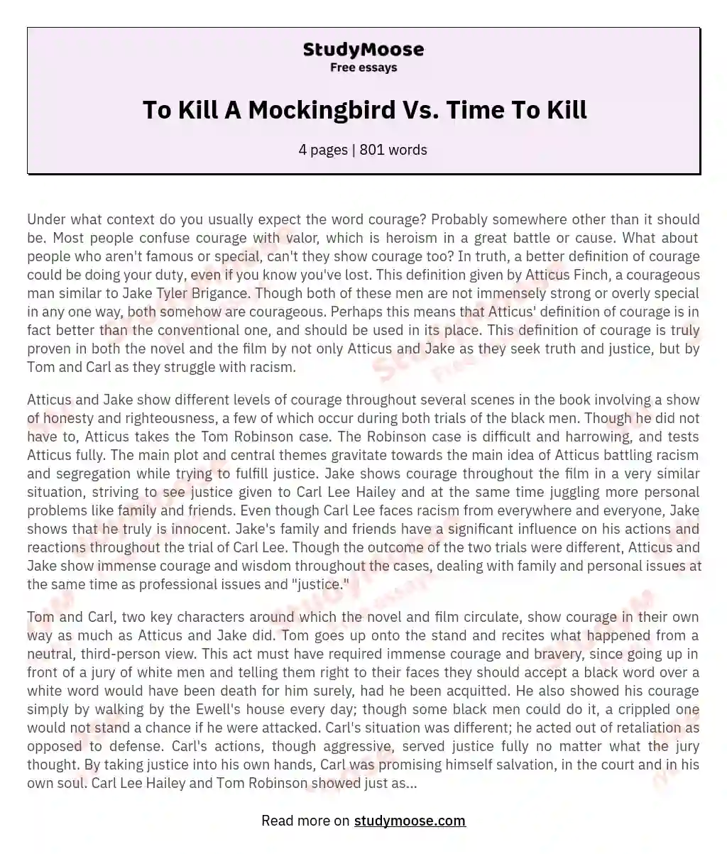 To Kill A Mockingbird Vs. Time To Kill