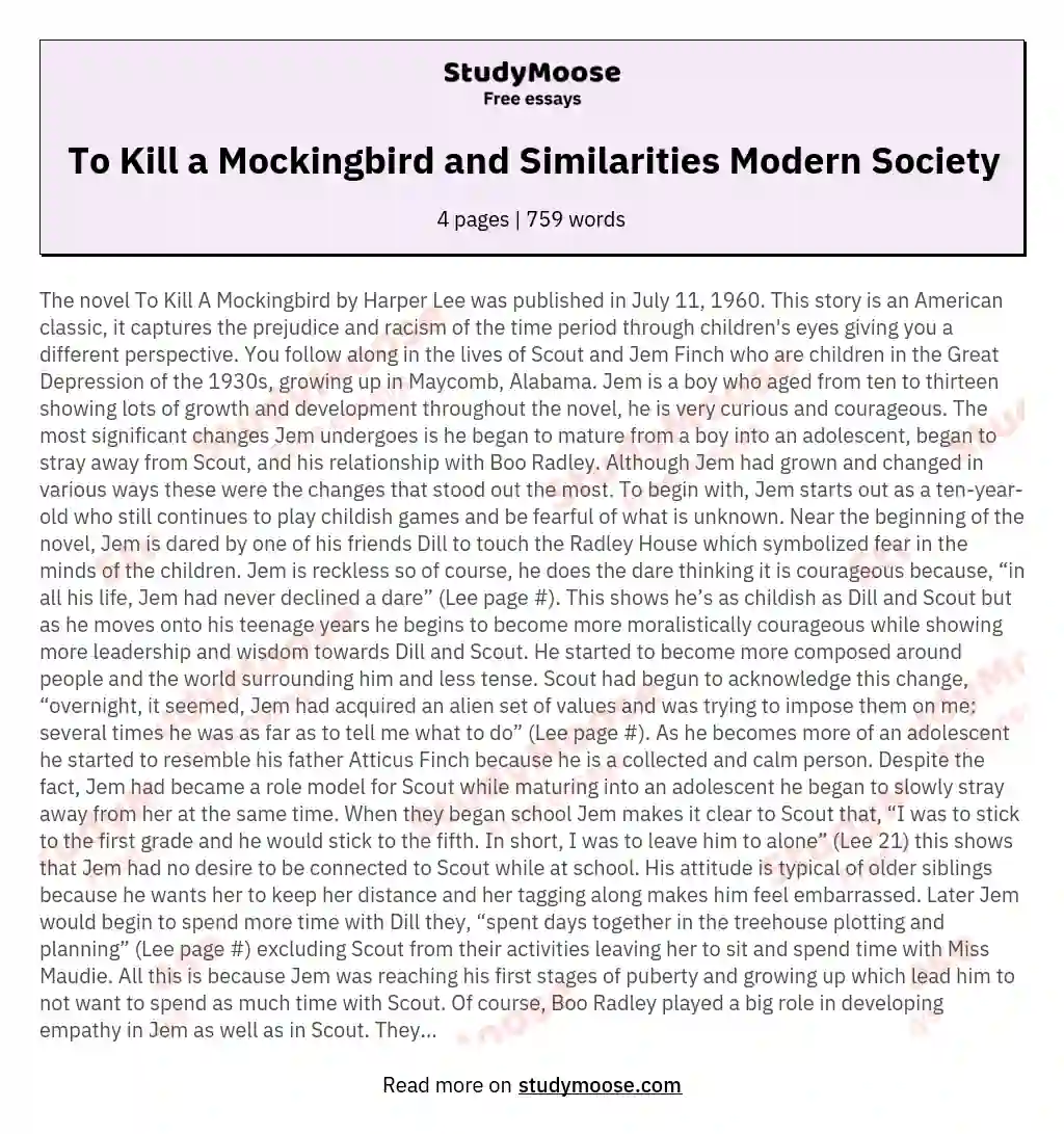 To Kill a Mockingbird and Similarities Modern Society essay