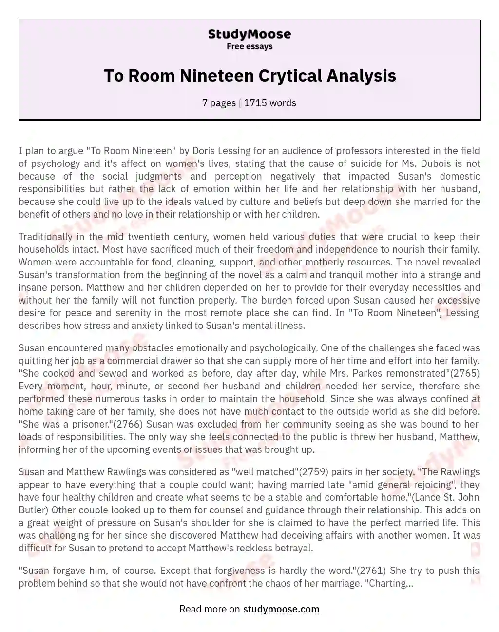 To Room Nineteen Crytical Analysis essay