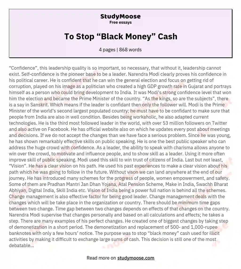 To Stop “Black Money” Cash essay