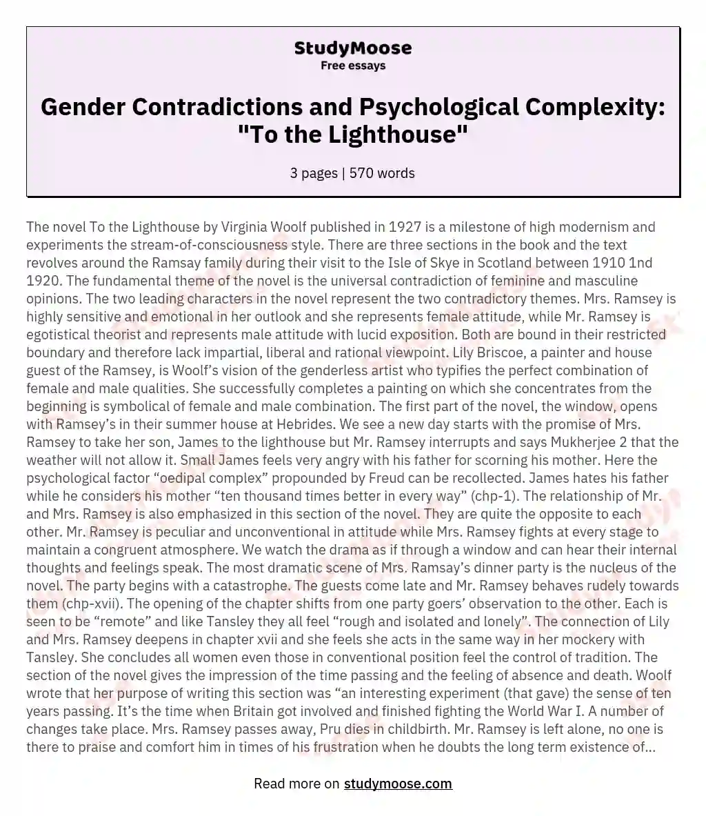 Gender Contradictions and Psychological Complexity: "To the Lighthouse" essay