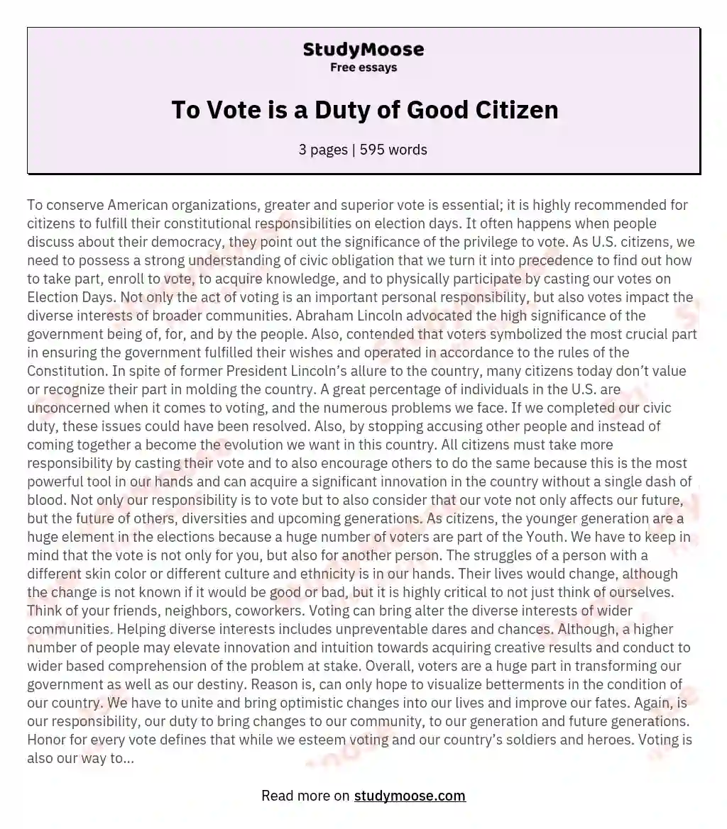 To Vote is a Duty of Good Citizen essay