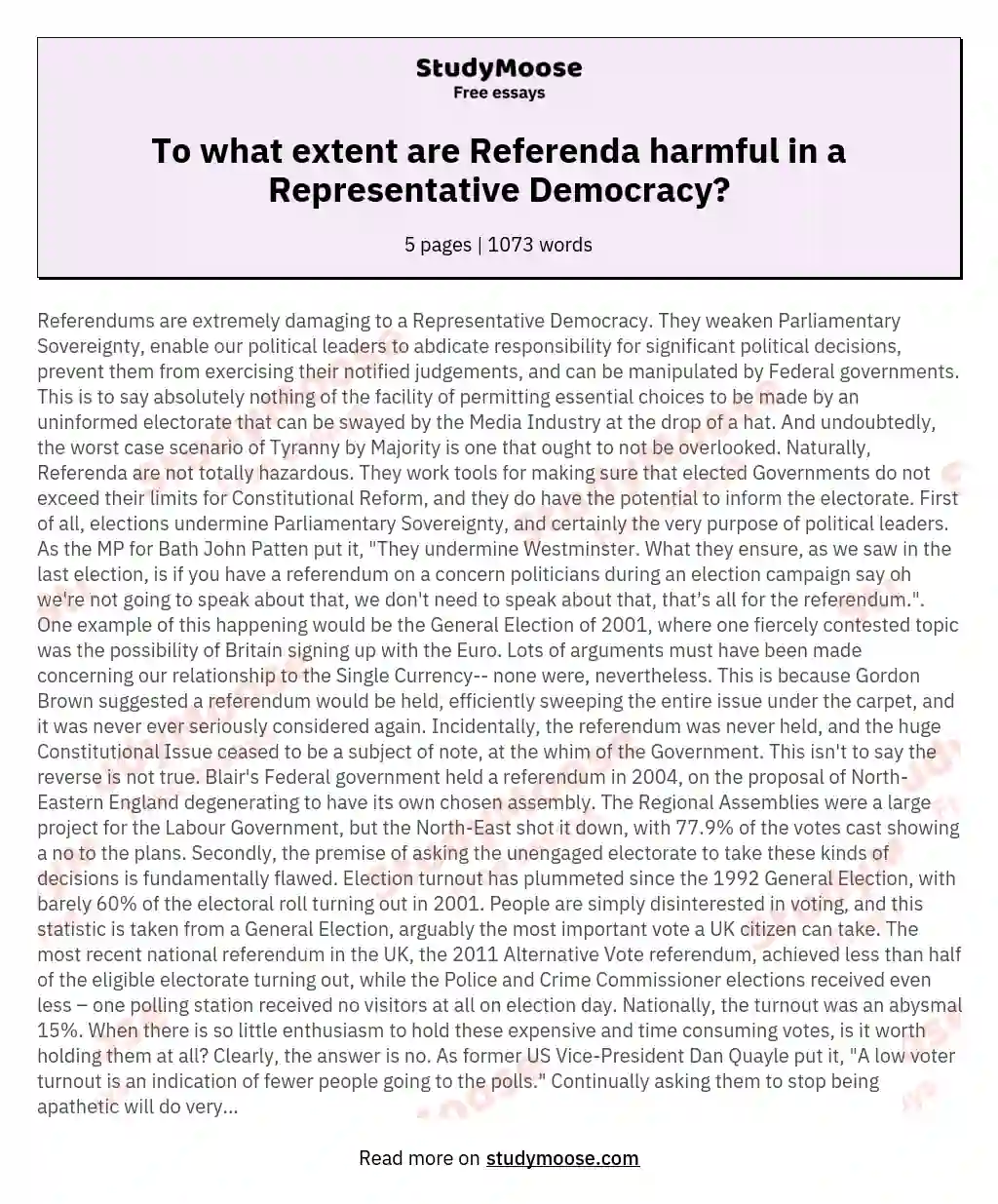 To what extent are Referenda harmful in a Representative Democracy?