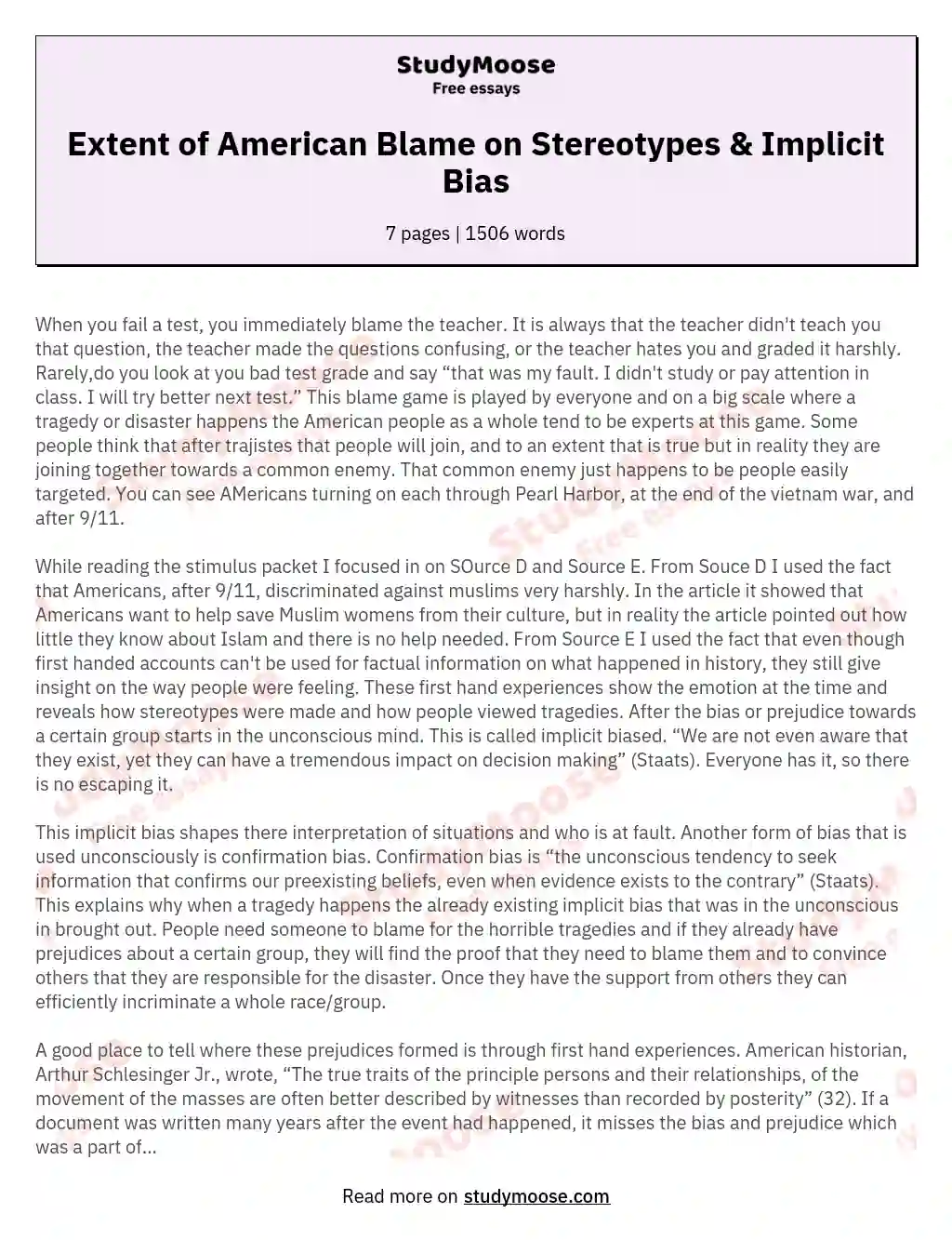Extent of American Blame on Stereotypes & Implicit Bias essay