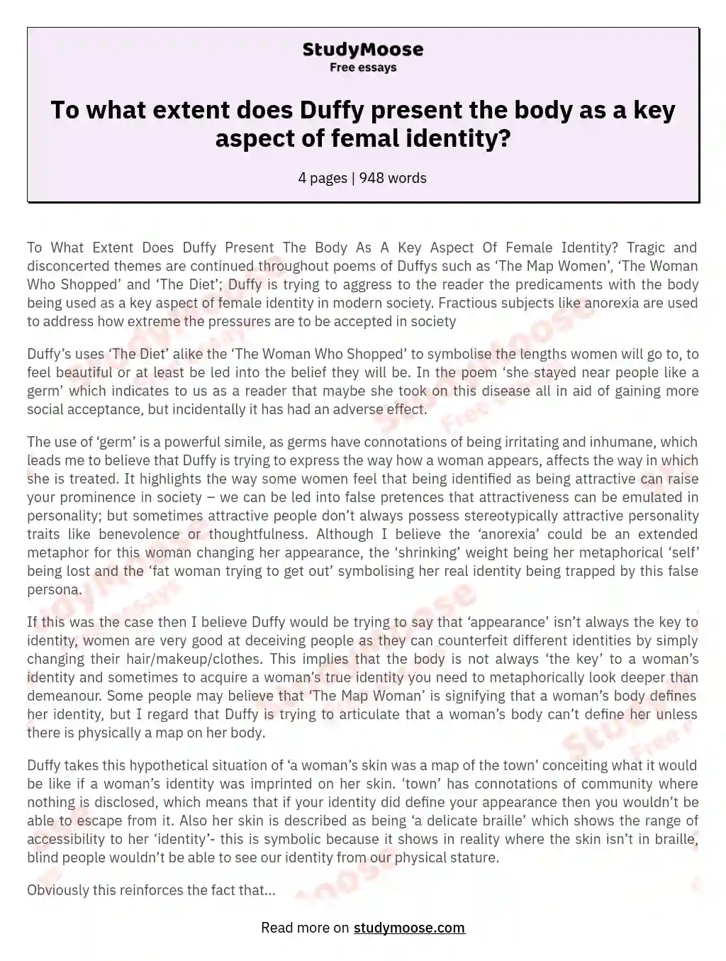 To what extent does Duffy present the body as a key aspect of femal identity? essay