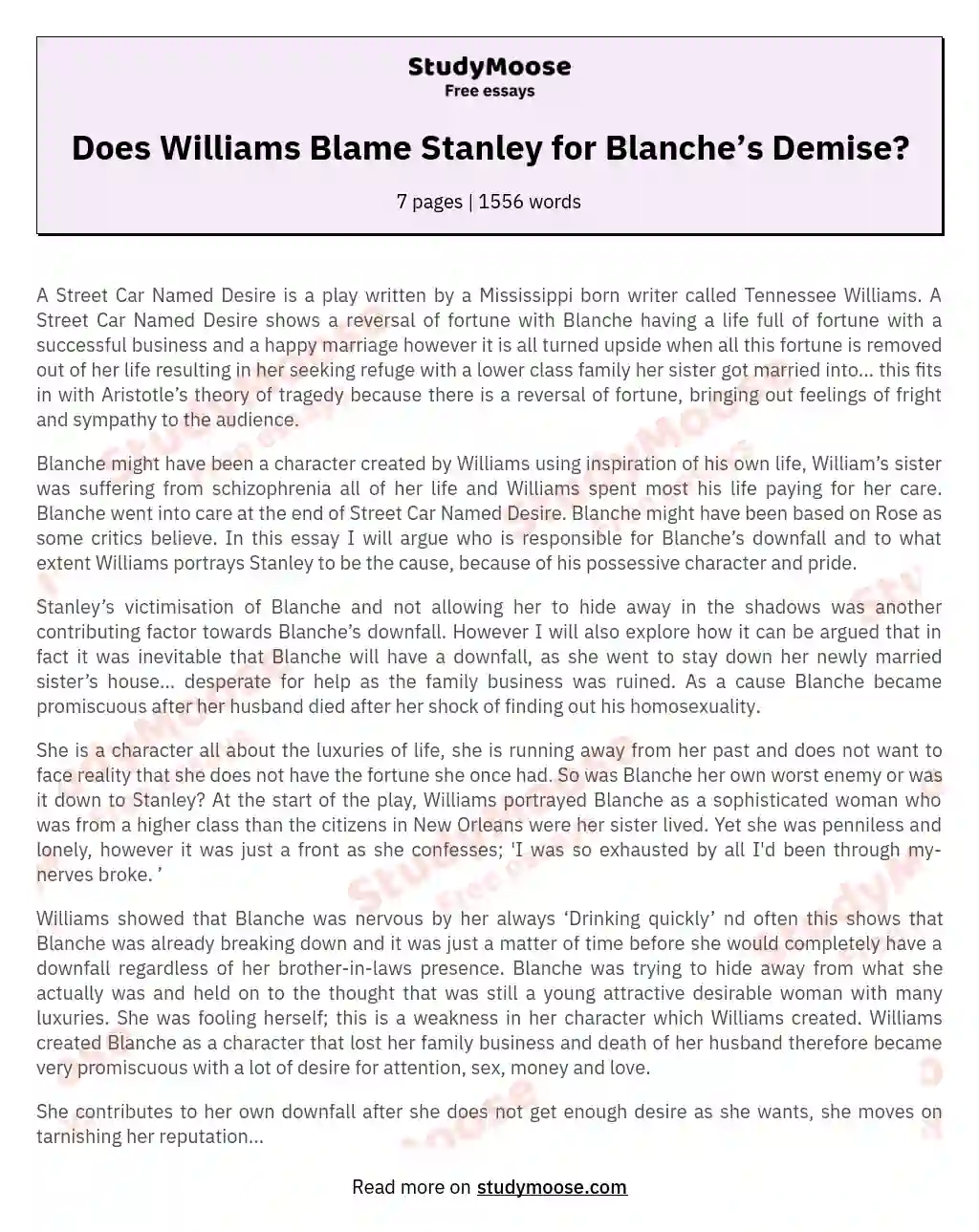 To What Extent Does Williams Portray Stanley as the Cause for Blanche’s Downfall?