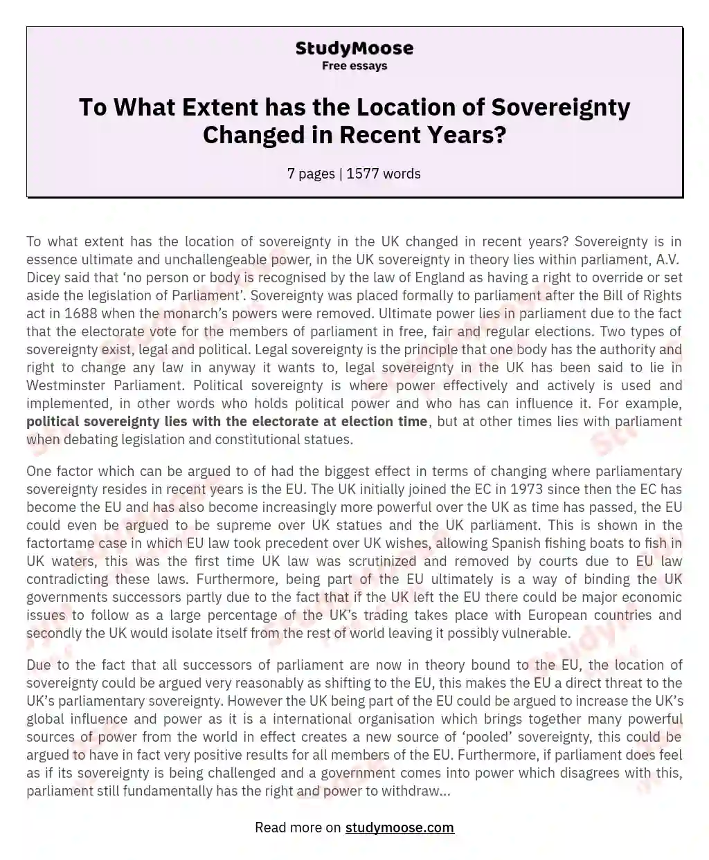 To What Extent has the Location of Sovereignty Changed in Recent Years? essay