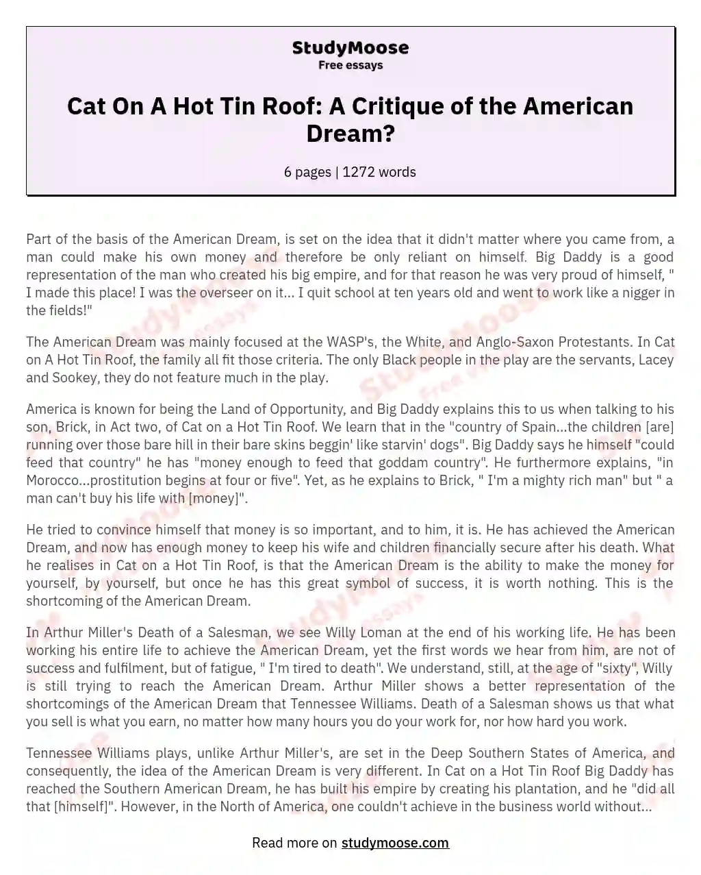 To What Extent is Cat On A Hot Tin Roof a representative of the Shortcomings of the American Dream?