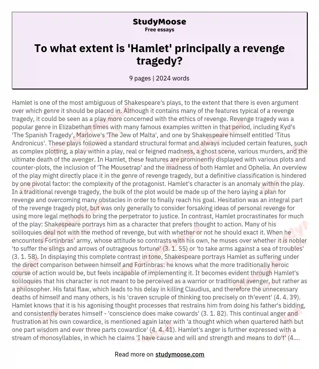 To what extent is 'Hamlet' principally a revenge tragedy? essay