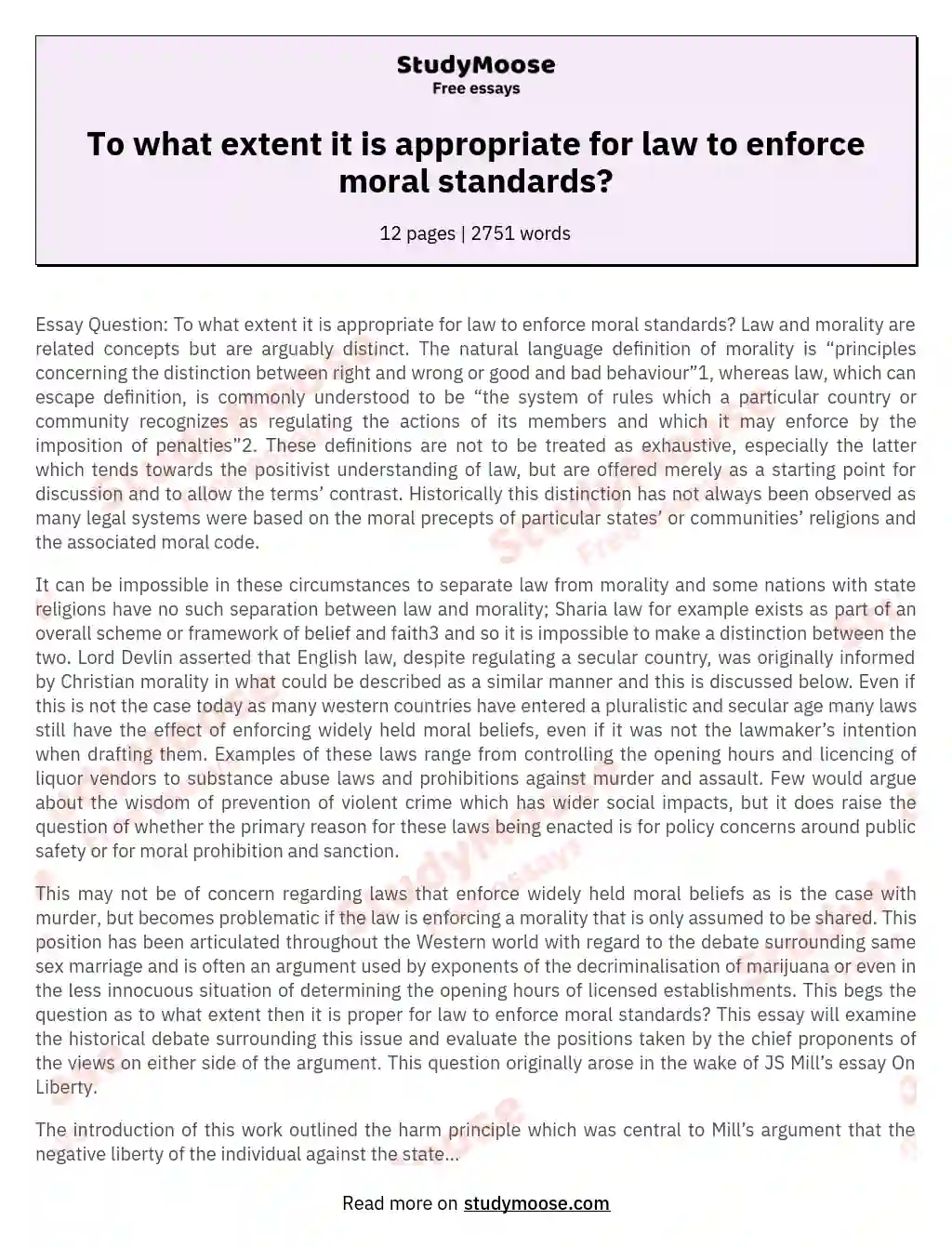To what extent it is appropriate for law to enforce moral standards? essay
