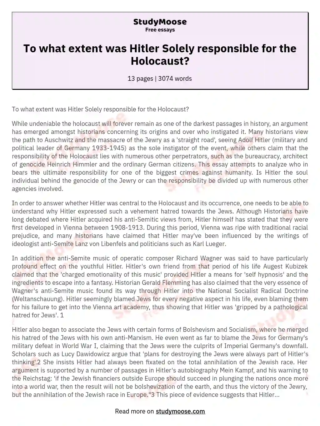 To what extent was Hitler Solely responsible for the Holocaust? essay