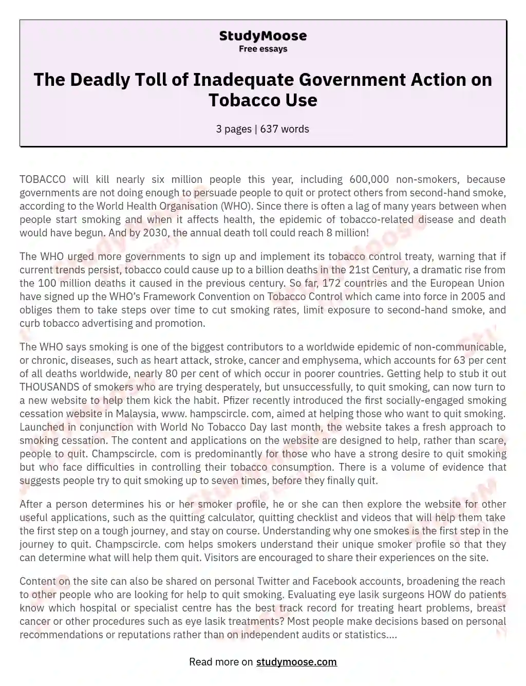 The Deadly Toll of Inadequate Government Action on Tobacco Use essay