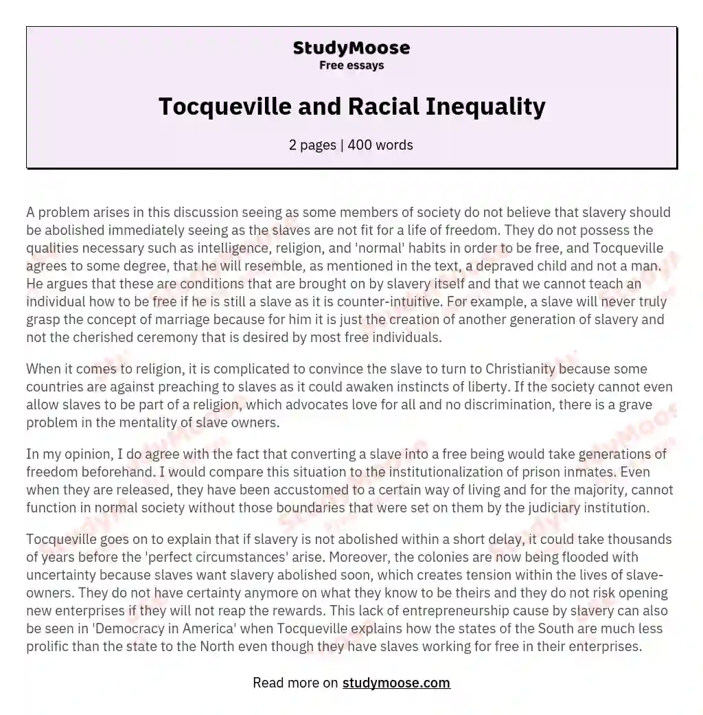 Tocqueville and Racial Inequality essay