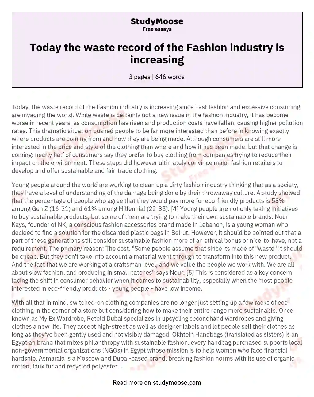 Today the waste record of the Fashion industry is increasing essay