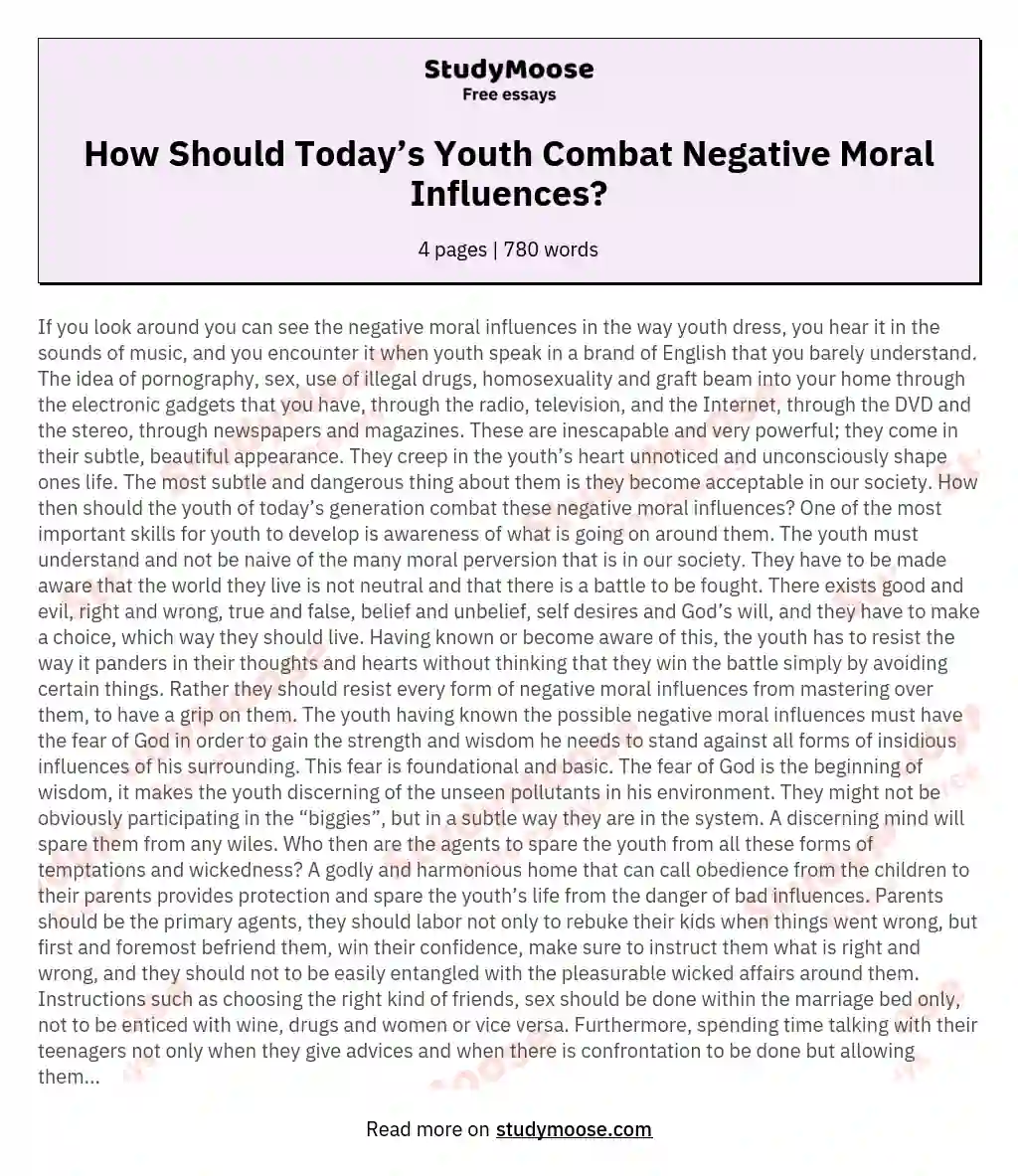 How Should Today’s Youth Combat Negative Moral Influences? essay