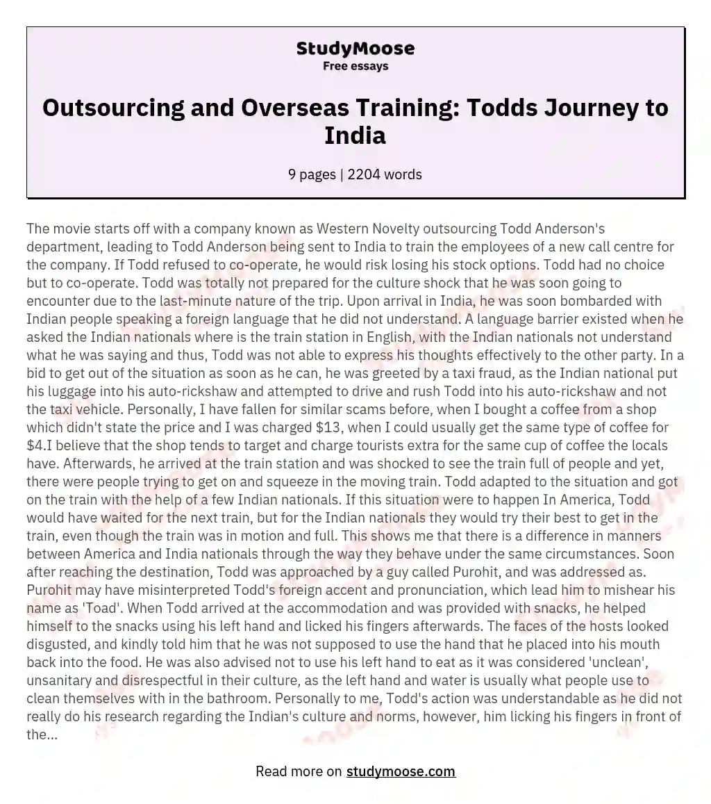 Outsourcing and Overseas Training: Todds Journey to India essay