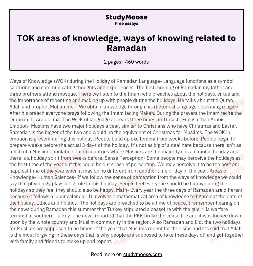 TOK areas of knowledge, ways of knowing related to Ramadan essay