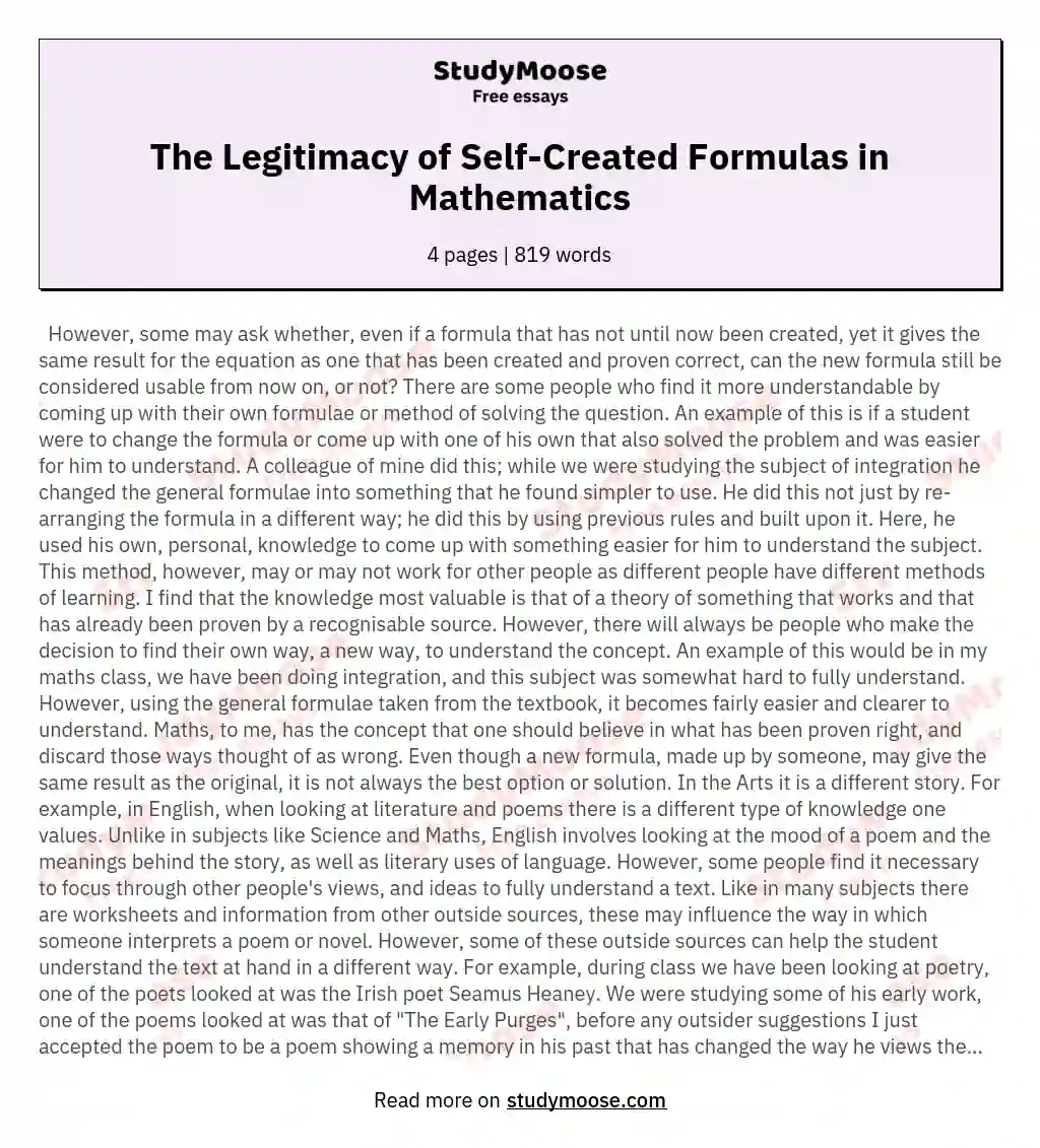 The Legitimacy of Self-Created Formulas in Mathematics essay