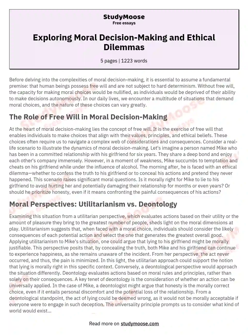 Exploring Moral Decision-Making and Ethical Dilemmas essay