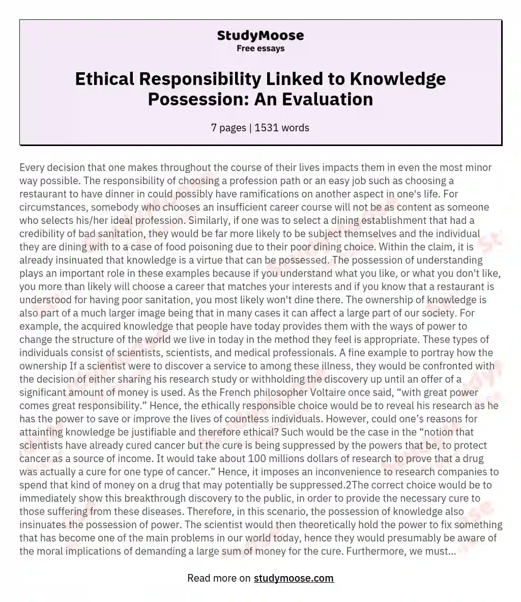 Ethical Responsibility Linked to Knowledge Possession: An Evaluation