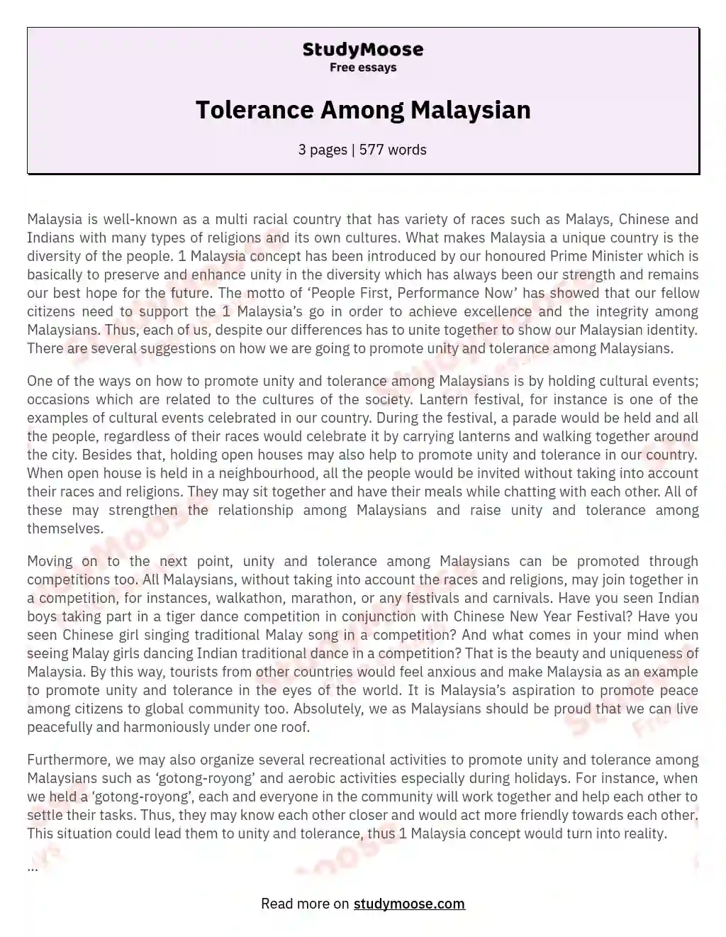 Tolerance Among Malaysian essay