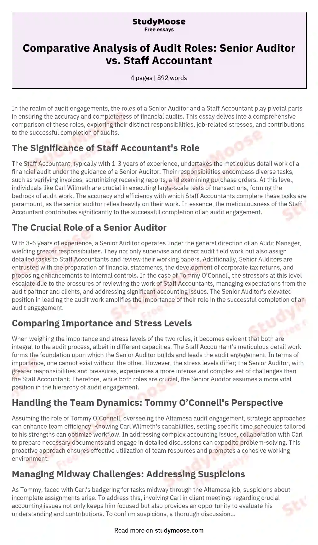 Comparative Analysis of Audit Roles: Senior Auditor vs. Staff Accountant essay