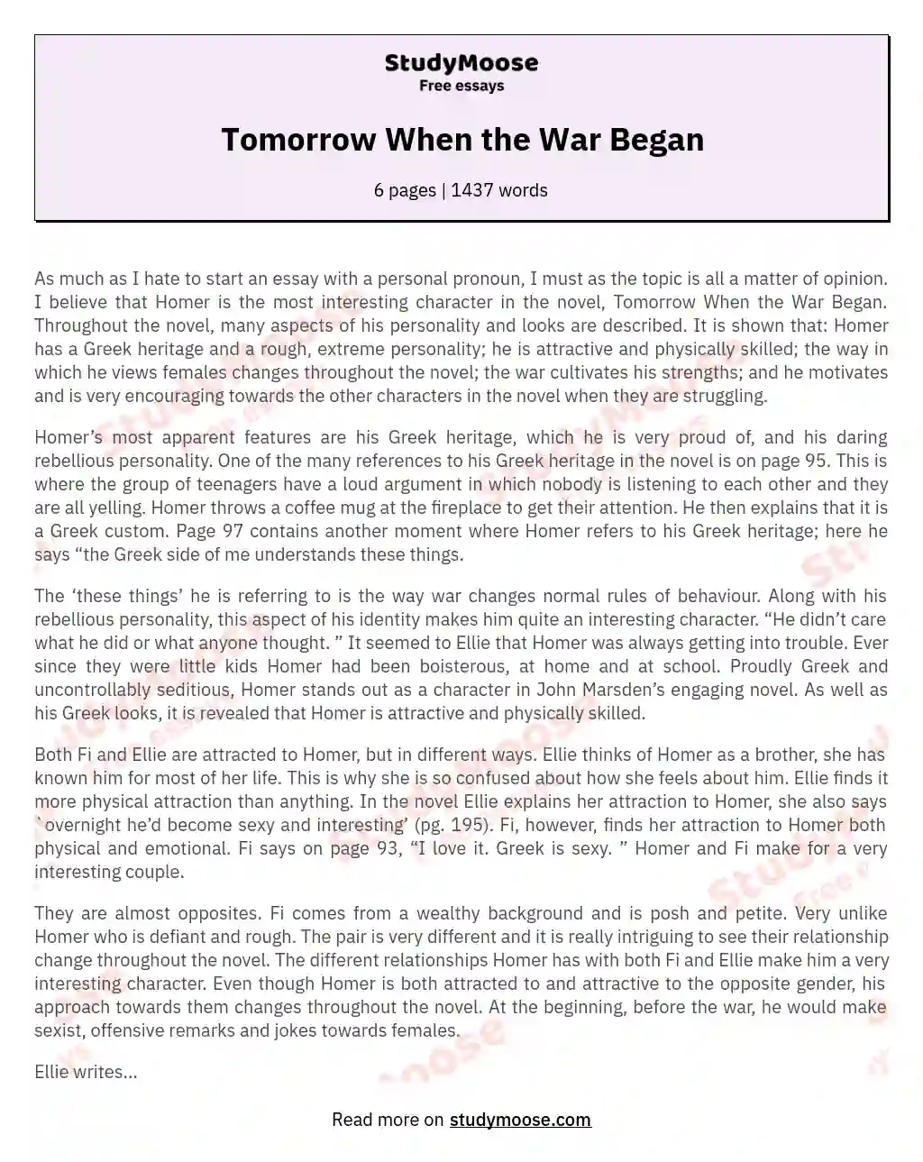 Tomorrow When the War Began essay
